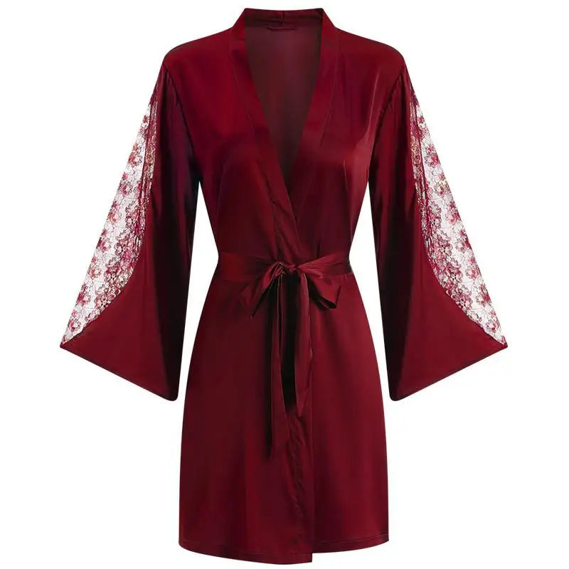 Sexy Intimate Lingerie Perspective Nightwear Lace Patchwork Home Wear Robe Suit Lady Kimono Gown Sleepwear Satin Nighty Bathrobe