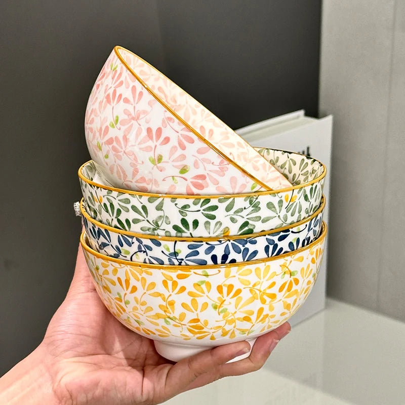 Cuenco de cerámica de gran capacidad de 6 pulgadas con patrón de flores para las cuatro estaciones, para fideos, sopa, ensalada, Pasta, apto para microondas/lavavajillas