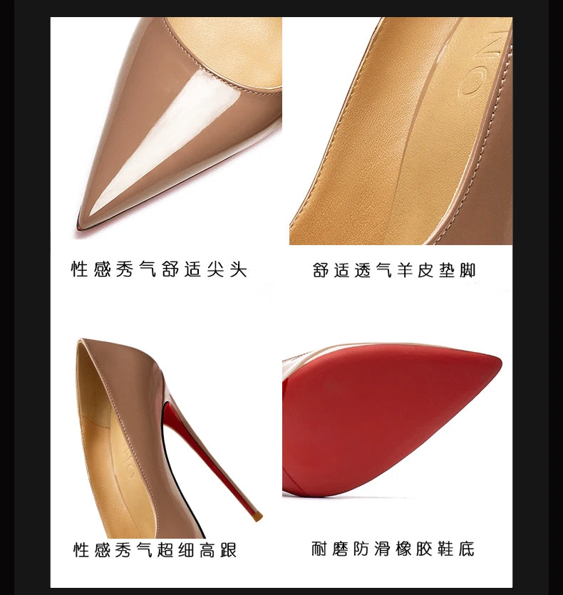 Zapatos de mujer 2025, marca de lujo, zapatos de tacón con suela roja, fondo rojo, puntiagudos, tacones altos de diseñador, zapatos elegantes de fiesta a la moda para mujer, 12cm