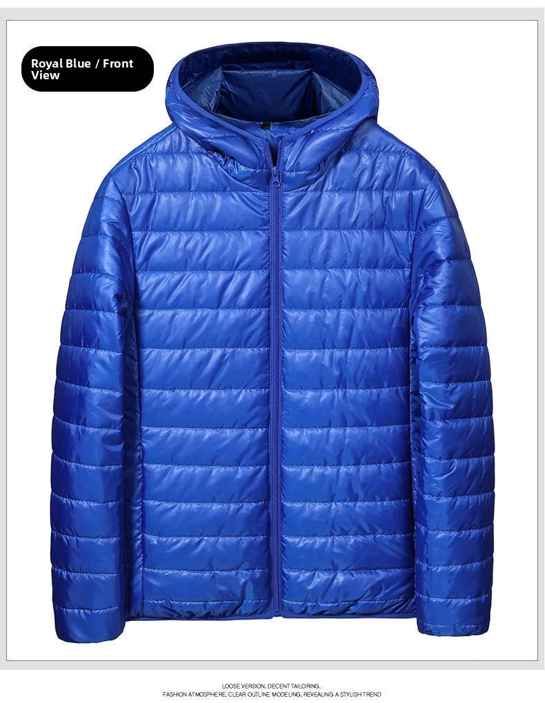 Chaqueta de plumón ligera para hombre, estilo nuevo de otoño-invierno, tipo abrigo acolchado, con cierre de cremallera y capucha, de fibra de poliéster.
