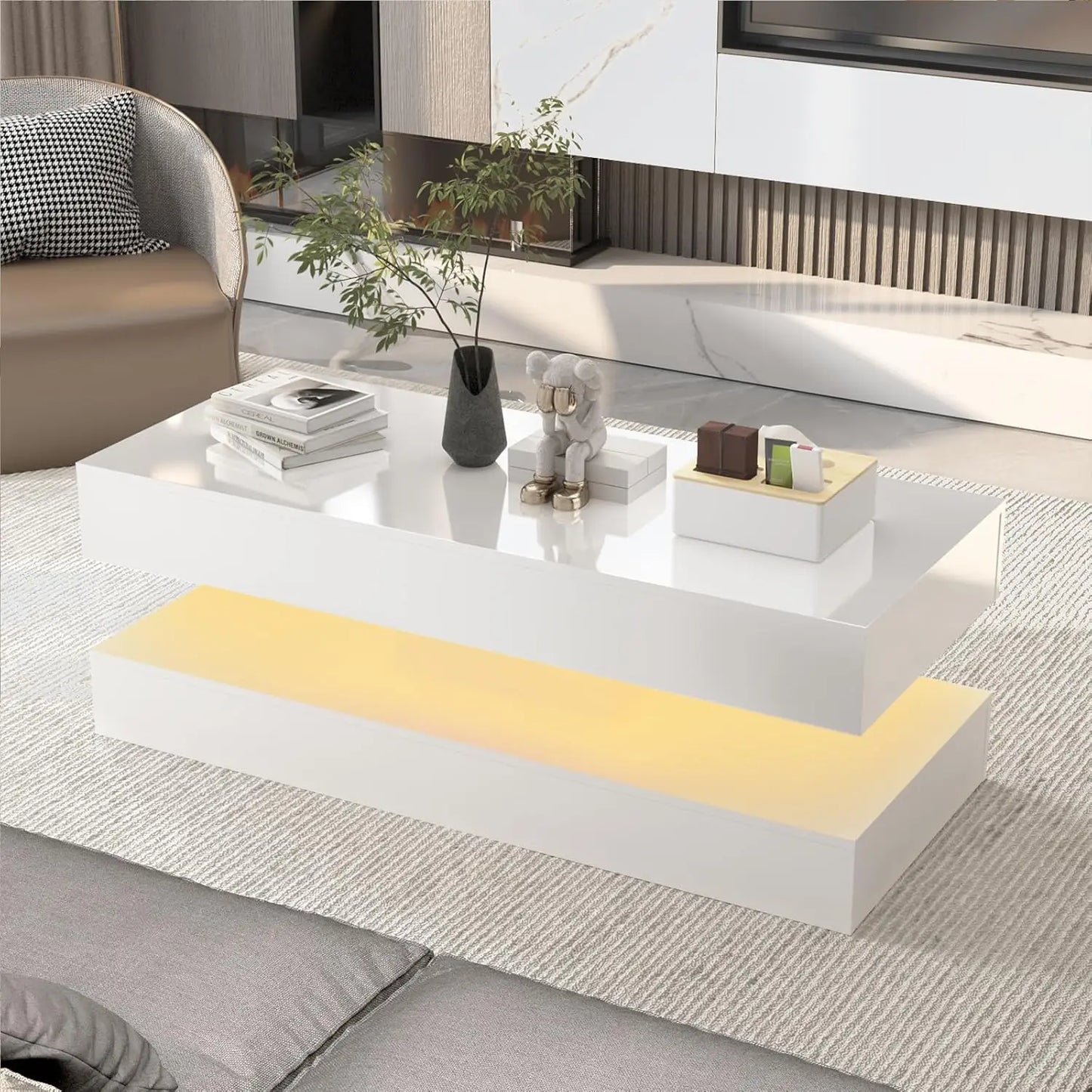 Mesa de Centro Moderna y Elegante con Luces LED, Diseño de Doble Capa para Sala de Estar con 2 Cajones de Almacenamiento