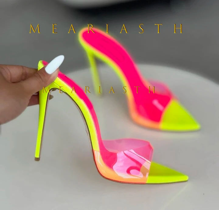 2025 Peep Toe Sexy verano mujer mulas bombas sandalias elegante súper fino tacones altos mula Oficina señora zapatos de fiesta zapatillas sandalias