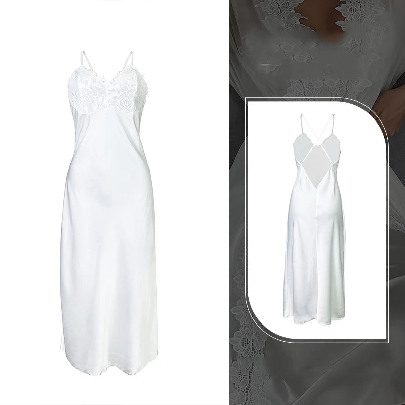 Conjunto de camisón y bata de encaje Sexy para mujer, camisón blanco de seda helada con tirantes, lencería, novedad de verano, ropa de dormir para el hogar