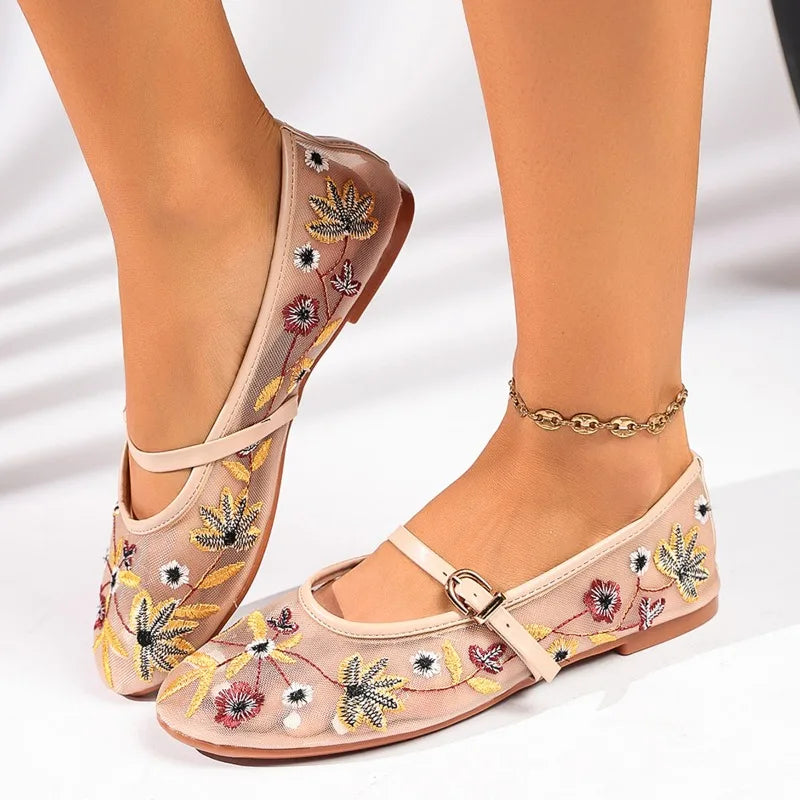 Zapatos Mary Jane de malla con bordado floral de primavera para mujer, zapatos con correa y hebilla concisa, zapatos de suela suave, zapatos planos de ballet transpirables para mujer
