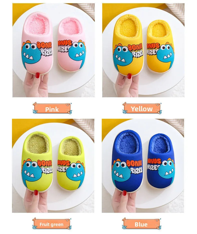 Zapatillas con patrón de dinosaurio de dibujos animados para niños y niñas, bonitos zapatos de felpa, zapatos cálidos adecuados para interiores de otoño e invierno