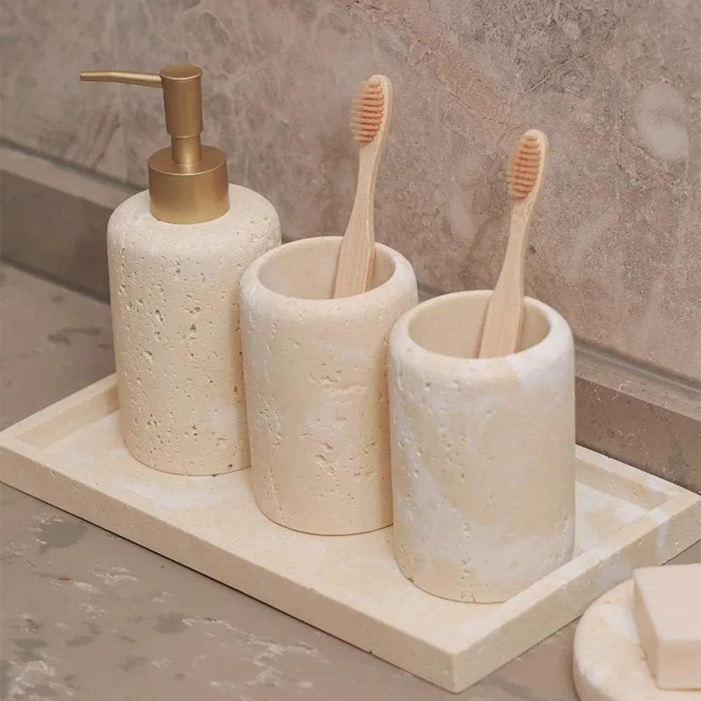 Juego de baño de travertino: jabonera con drenaje, dispensador de jabón líquido, dispensador de emulsión, dispensador de jabón en barra, caja de jabón, vaso para enjuague bucal y bandeja.