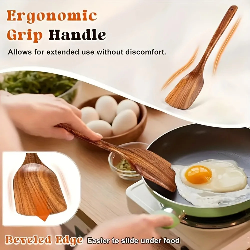 Juego de 5 Utensilios de Cocina de Madera Natural, Espátulas y Cucharas Antiadherentes, Regalo para Mamá en Acción de Gracias o Navidad, Accesorios de Cocina
