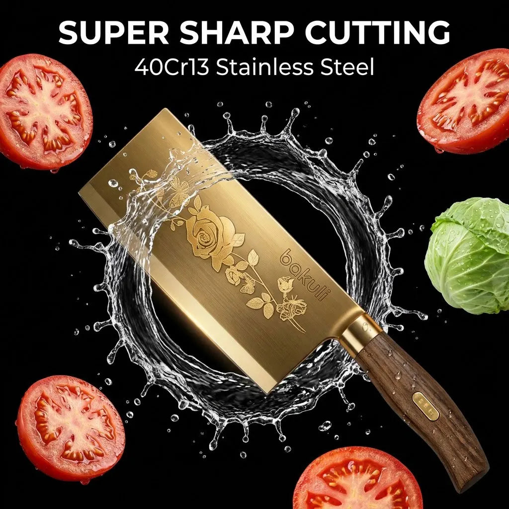 Juego de cuchillos de cocina de lujo dorados, ultra afilados, con hoja de acero inoxidable de primera calidad con revestimiento de titanio y mango de madera para cocinar, 4 piezas
