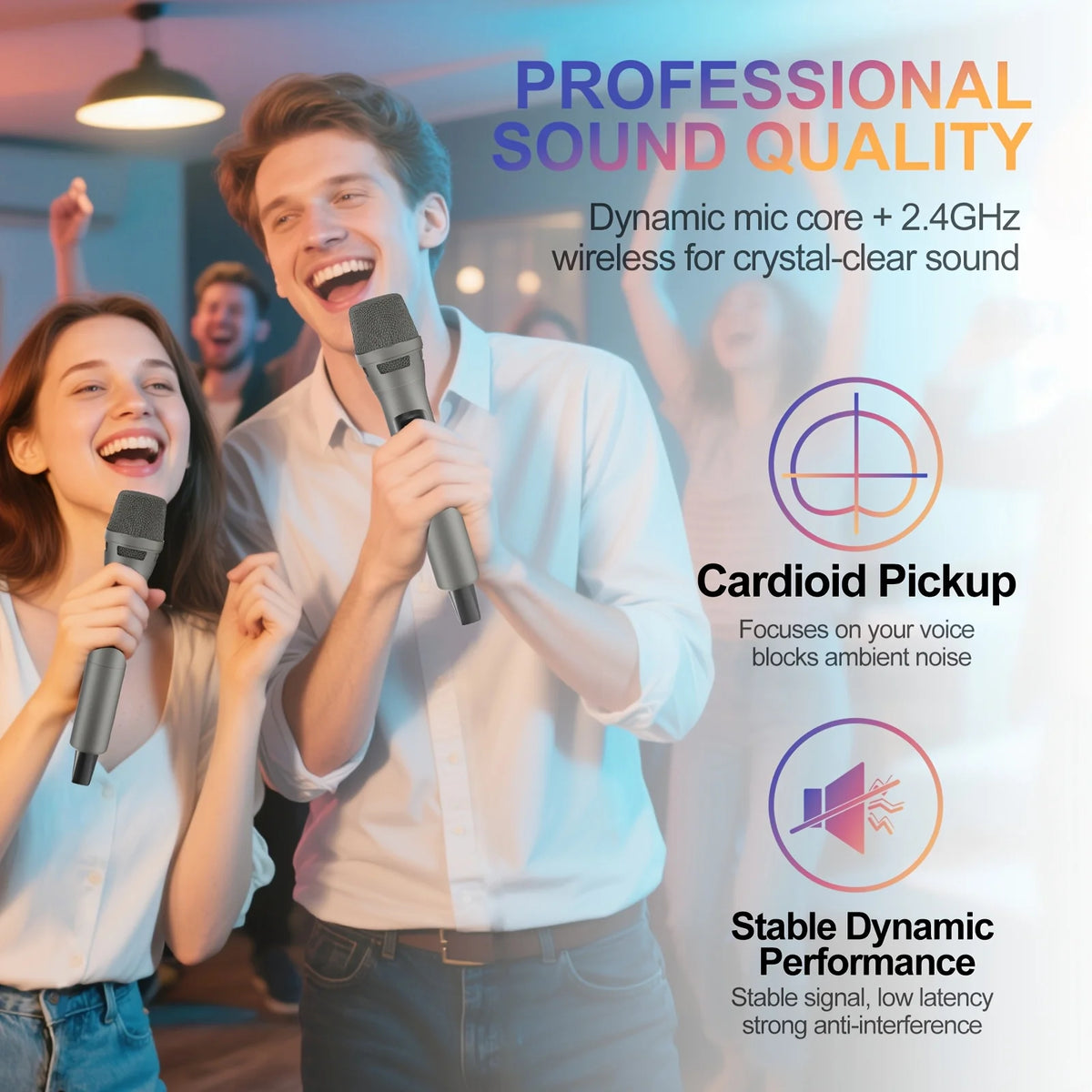 Sistema con micrófono inalámbrico de 2,4 GHz con alcance de 100 pies - 2 micrófonos recargables para Karaoke, fiesta, boda |   Plug & Play, Crystal Clea