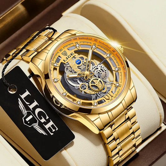 Reloj LIGE 2025 para hombre, reloj de cuarzo automático con esqueleto, reloj Vintage con esqueleto dorado para hombre, relojes para hombre de primeras marcas de lujo