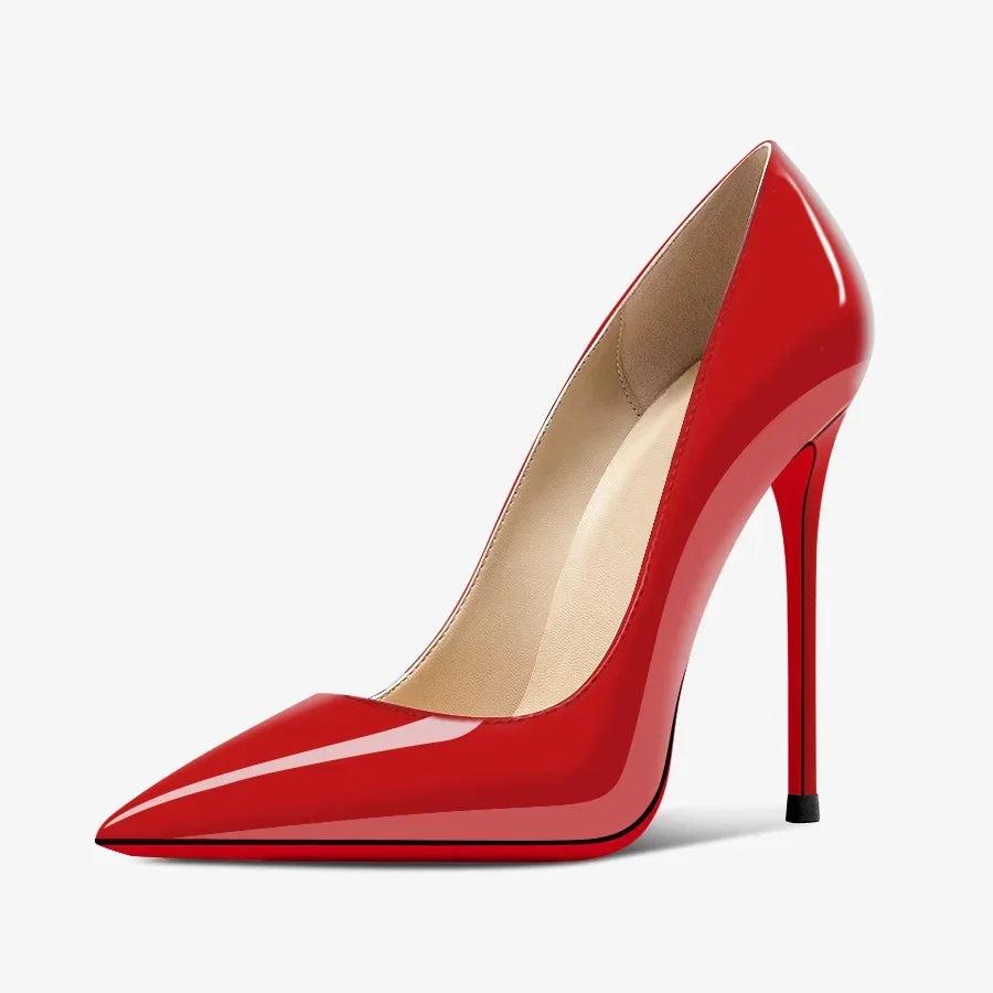Nuevos tacones altos negros puntiagudos de 12 cm para mujer, tacones delgados con temperamento sexy, boca poco profunda, zapatos individuales con suela roja 34-46