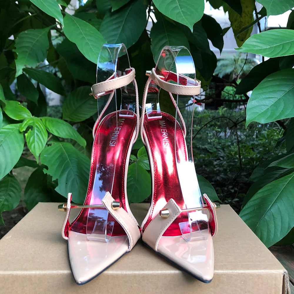 Zapatos de tacón de aguja para mujer, tacones altos de Metal de 12cm, sandalias sexis con correa en el tobillo y punta puntiaguda, modelo fetiche SM Man Drag Queen, zapatos Unisex