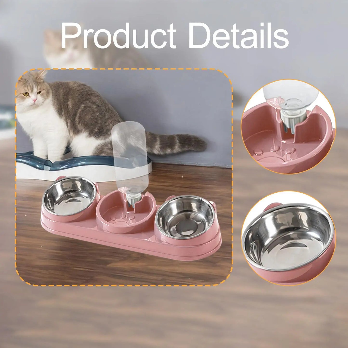 Cuenco triple para gatos, cuenco para comida y agua para mascotas, inclinado a 15 ° , 3 en 1, para húmedo y