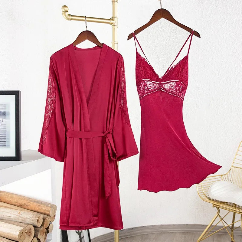 Sexy Intimate Lingerie Perspective Nightwear Lace Patchwork Home Wear Robe Suit Lady Kimono Gown Sleepwear Satin Nighty Bathrobe