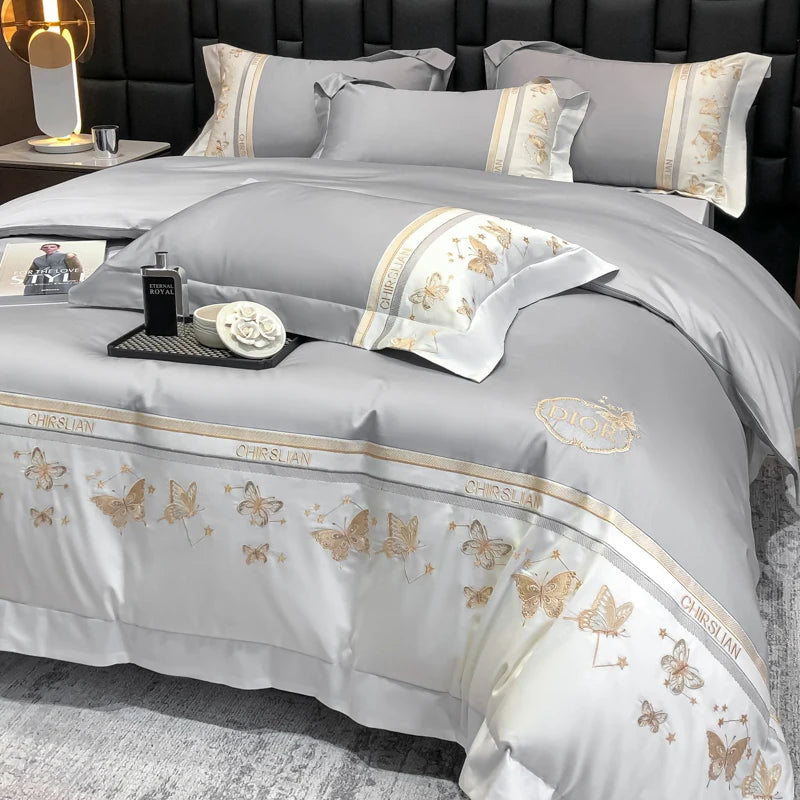 Juego de cama 100% de algodón, edredón bordado de mariposa dorada de lujo/funda nórdica, juegos de sábanas ajustadas, fundas de almohada, textiles para el hogar