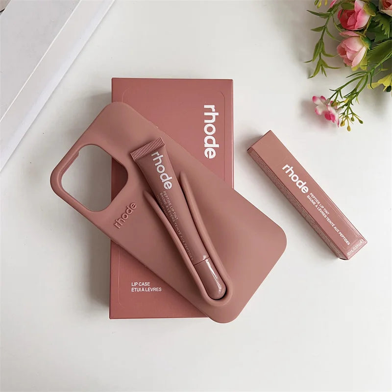 Maquillaje Rhode con caja, soporte para lápiz labial, funda de teléfono para IPhone17 Air 11 12 13 14 15 16 Pro Max Plus, funda suave de silicona para brillo de labios