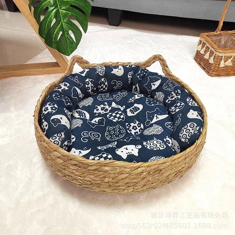 Cesta para gatos tejida de ratán con cojín suave, diseño de Donut redondo, nido para dormir cómodo y cálido para gatos y perros