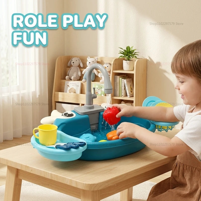 Juego de Cocina Infantil con Fregadero Simulado, Lavabo y Circulación de Agua Eléctrica, Juguete para Niños y Niñas, Juego de Roles