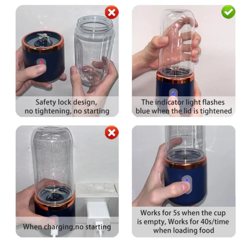Licuadora Eléctrica Portátil de 400 ml, 2 Tazas, Mini Licuadora Multifuncional Inalámbrica para el Hogar, Recargable por USB, Vaso Mezclador Pequeño