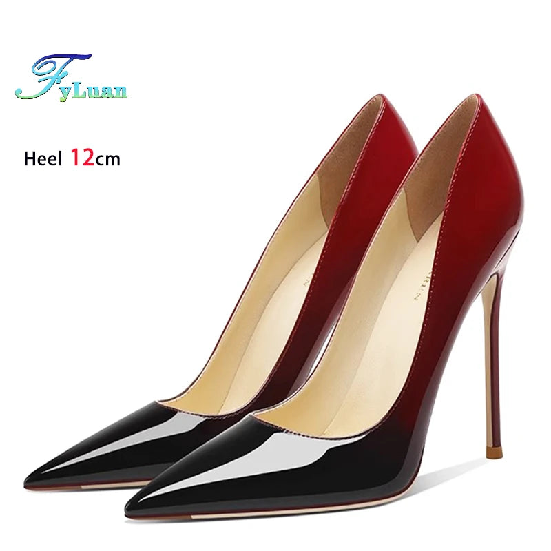 6CM 8CM 10CM 12CM temperamento zapatos individuales señoras negro rojo Color degradado verano puntiagudo charol tacones finos mujeres bombas