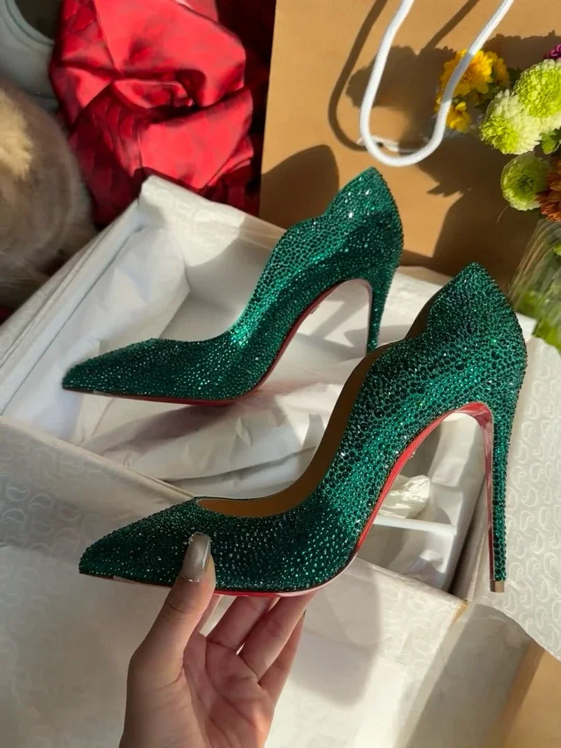 Tacones altos para mujer, primavera 20220, oro nuevo, Sexy, puntiagudos, franceses, finos con zapatos individuales, zapatos de boda de cristal para mujer, zapato de suela roja para mujer