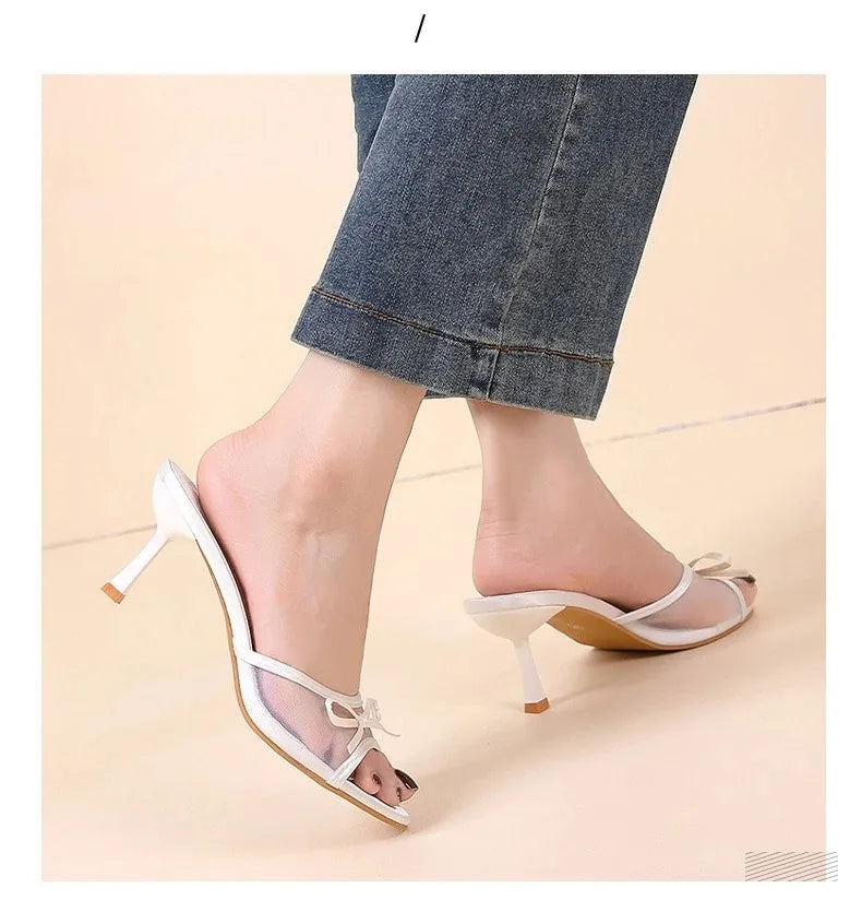 Sandalias de verano para mujer, tacones altos elegantes a la moda, zapatillas con punta abierta y nudo de mariposa de alta calidad, zapatos de tacón de diseñador de marca para mujer
