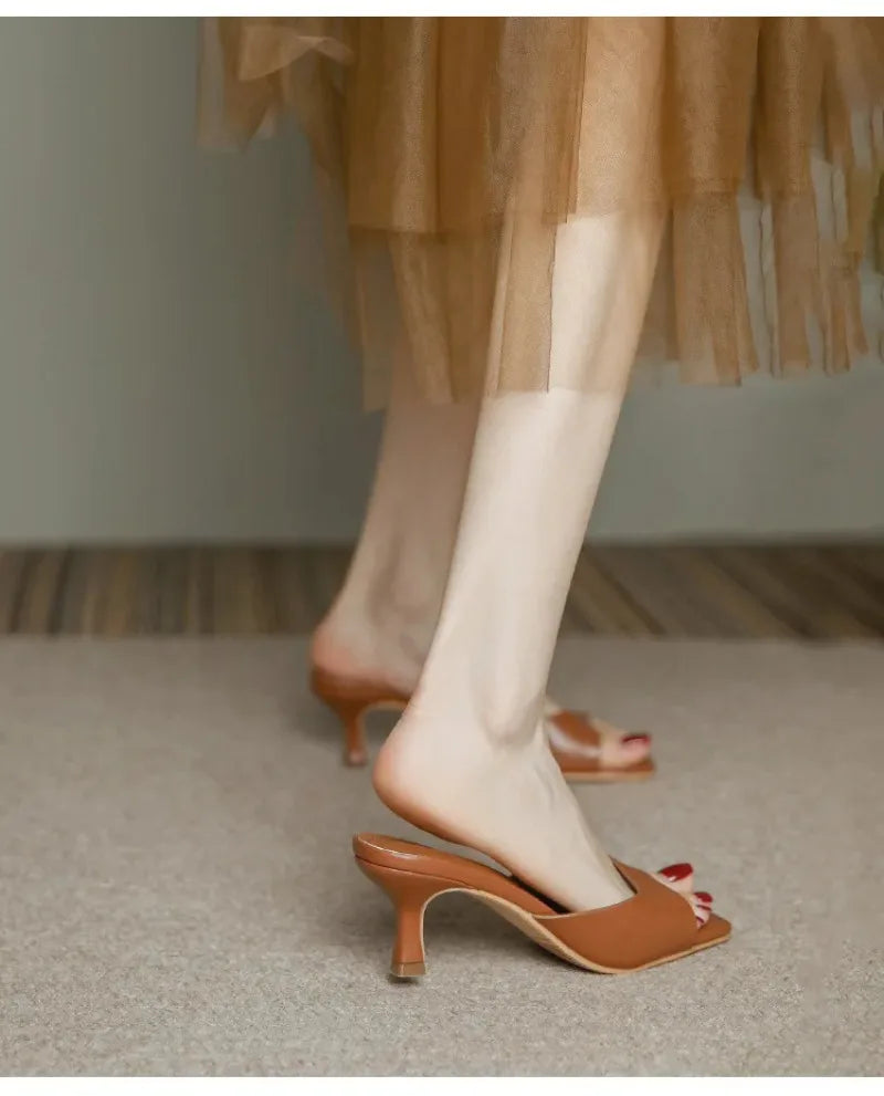 Pantuflas de Tacón Alto para Mujer, Pantuflas de Cuero Vacuno de Lujo, Pantuflas de Moda con Punta Cuadrada, Pantuflas de Tacón Alto con Punta Abierta para Verano