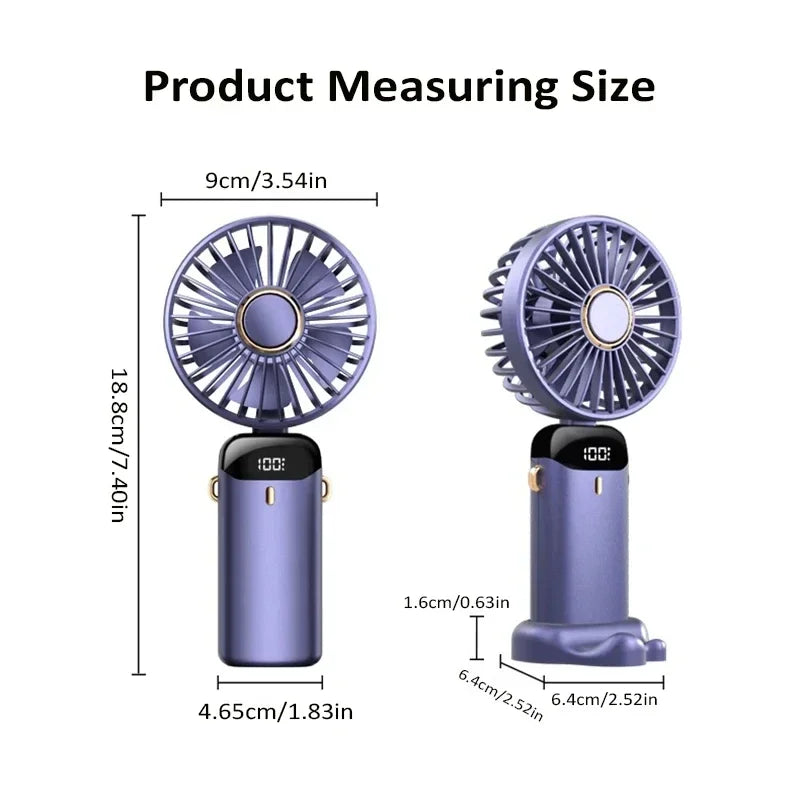 Mini ventilador portátil de mano, ventiladores plegables para colgar en el cuello, ventilador recargable por USB de 5 velocidades con soporte para teléfono y pantalla de visualización de 1800mAh