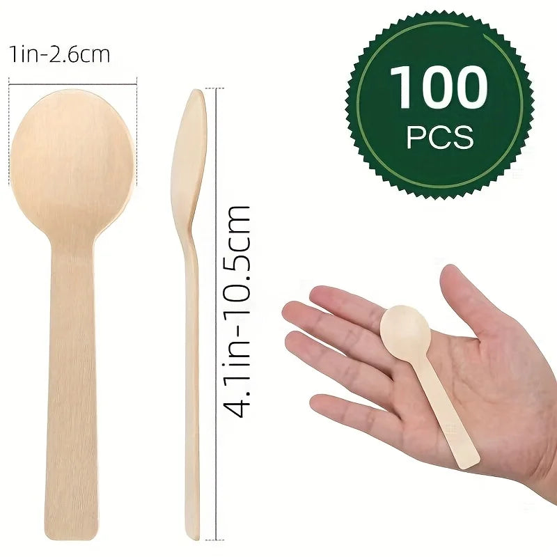 Paquete de 100 cucharas de degustación desechables de 4,1 pulgadas de largo, mini cucharas de degustación portátiles de madera de abedul, cubiertos desechables adecuados para el hogar, fiestas, eventos, reuniones, bodas y
