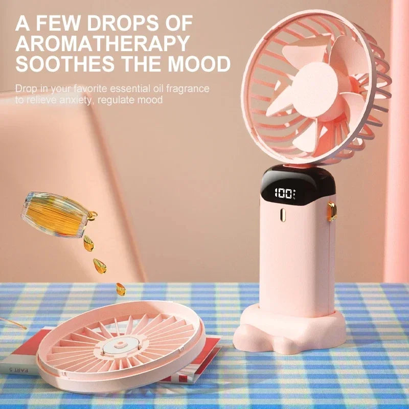 Mini ventilador portátil de mano, ventiladores plegables para colgar en el cuello, ventilador recargable por USB de 5 velocidades con soporte para teléfono y pantalla de visualización de 1800mAh