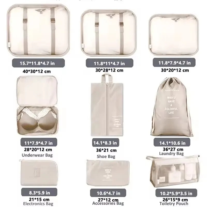 Juego de 7/8/9 piezas de bolsas de almacenamiento de viaje, artículos de tocador digitales, zapatos, bolsa organizadora de ropa, maleta, bolsa ordenada para ropa, juego de cubos de embalaje