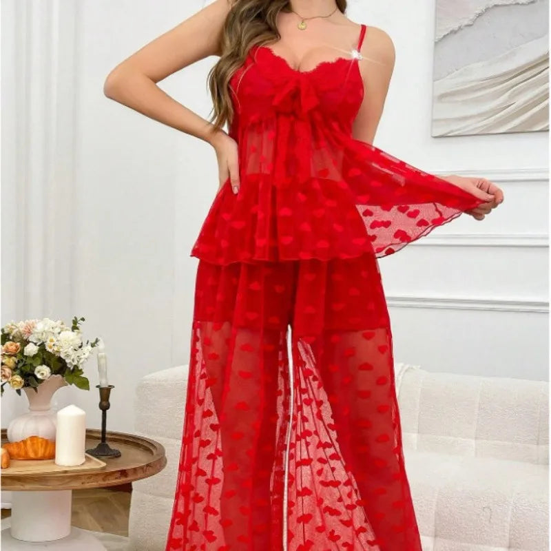 Conjunto de pijama Sexy para mujer, sujetador de tiras transparente con corazón de encaje de 2 piezas y pantalones largos, conjunto de lencería de encaje de pétalos, ropa de dormir Sexy