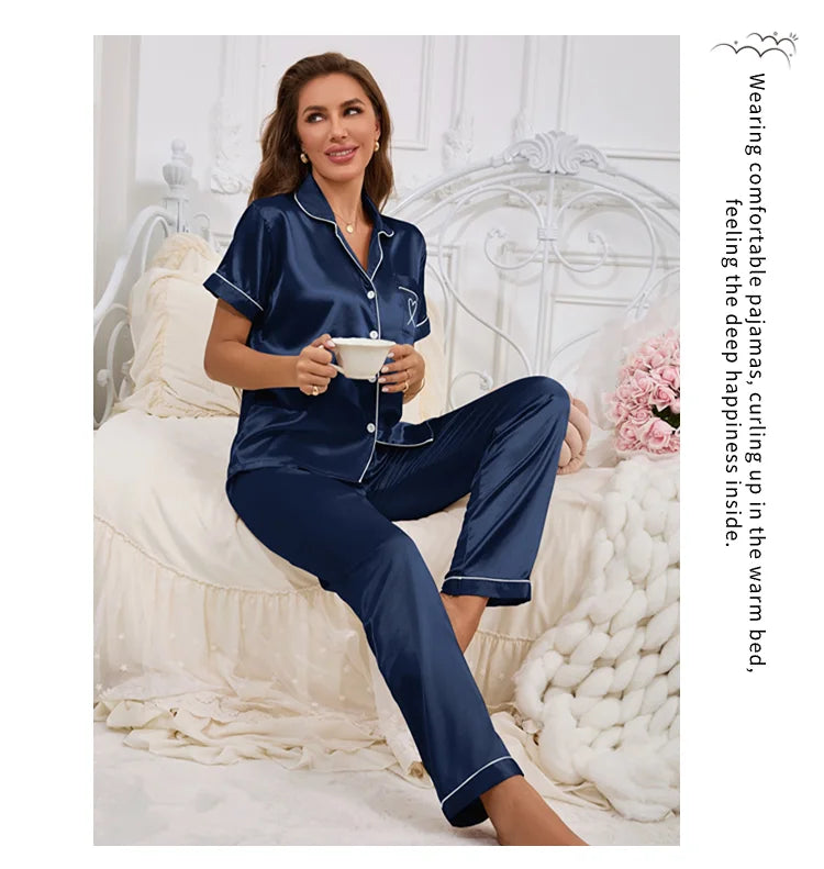 Conjunto de pijama para mujer, ropa para el hogar, camisa de manga corta de satén con pantalones, ropa de dormir, conjunto de 2 piezas, pijama bordado en forma de corazón