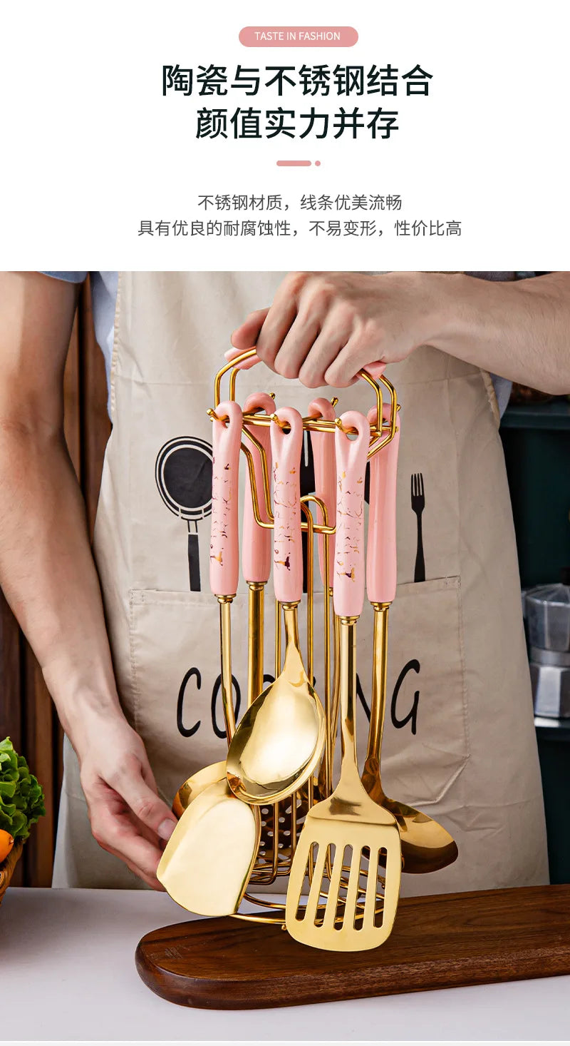 Espátula de acero inoxidable con mango de cerámica, juego de utensilios de cocina nórdicos, 7 unidades