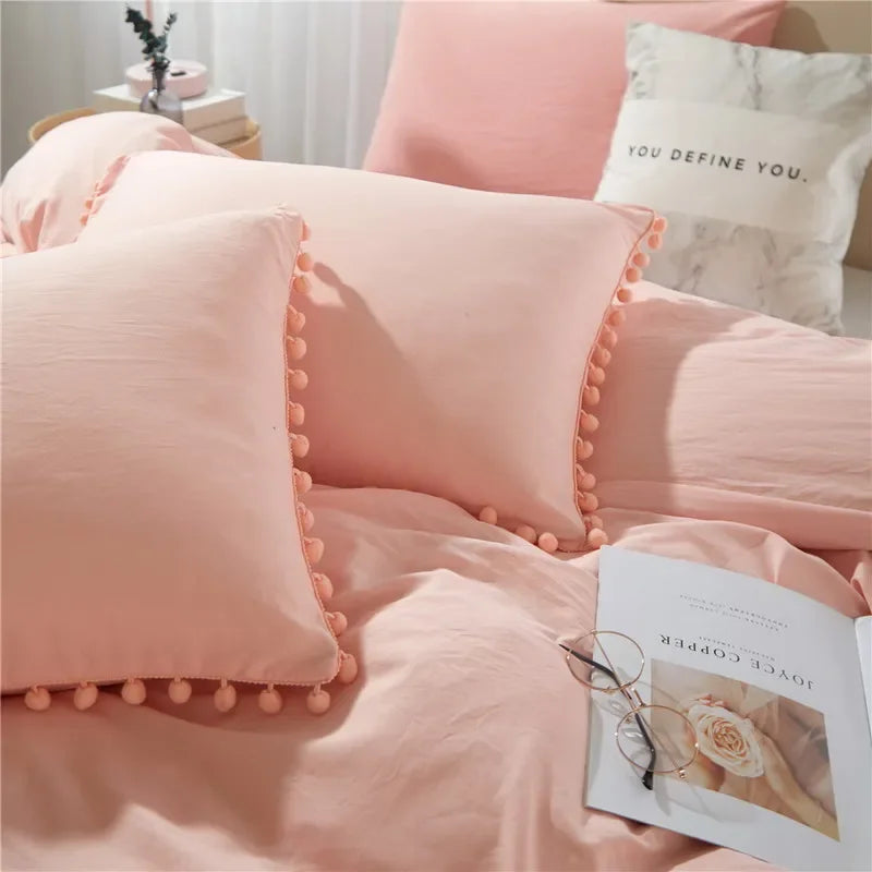 Funda de edredón suave y lavada, Juego de 3 piezas, funda de almohada, juego de ropa de cama para Twin, Full, Queen, King Size, decoración de pompones