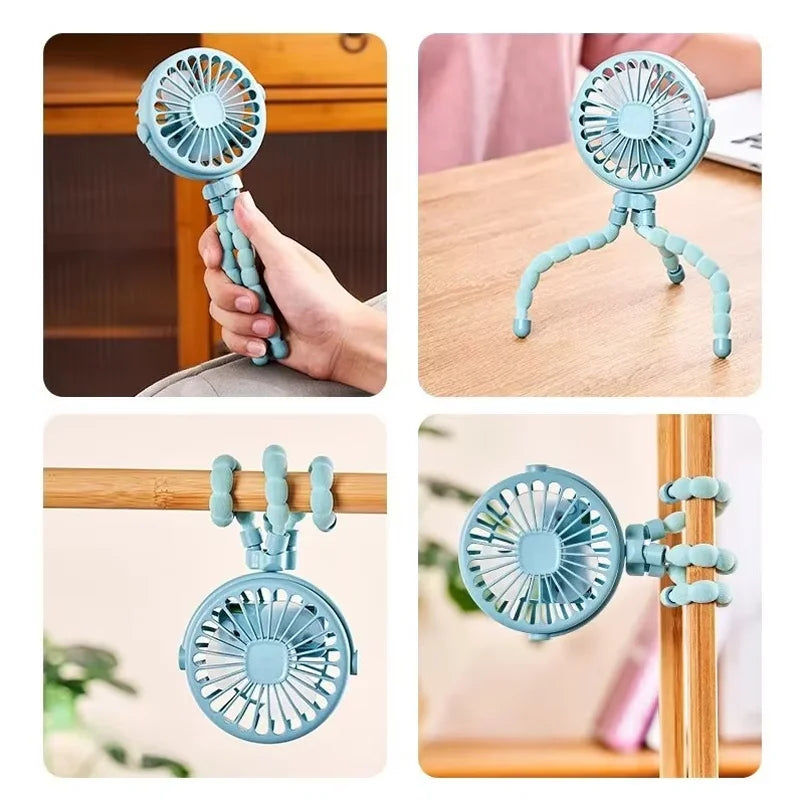 Ventilador Portátil con Trípode Ajustable, Rotación de 360 Grados, Ventilador Eléctrico de Bajo Ruido para Cochecito de Bebé, Carga USB, Apto para Uso en Exteriores