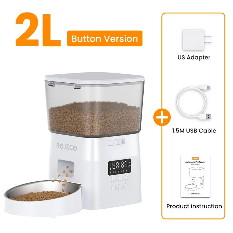 ROJECO-comedero automático para mascotas, versión con botón, dispensador automático de comida para gatos, accesorios, Control inteligente, alimentador para mascotas para gatos, comida seca para perros