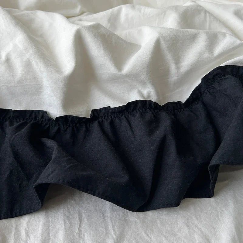 Juego de cama de algodón con lazo negro, funda nórdica suave y agradable para la piel estilo princesa para niña, sábana o funda de almohada para falda de cama