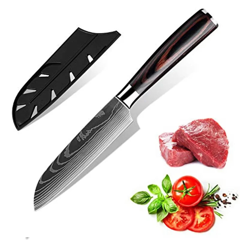Juego de cuchillos de cocina con láser Damasco Santoku, cuchillo de utilidad, cuchillo de Chef profesional, cuchillo de carnicero, accesorios de cocina, 3 uds.