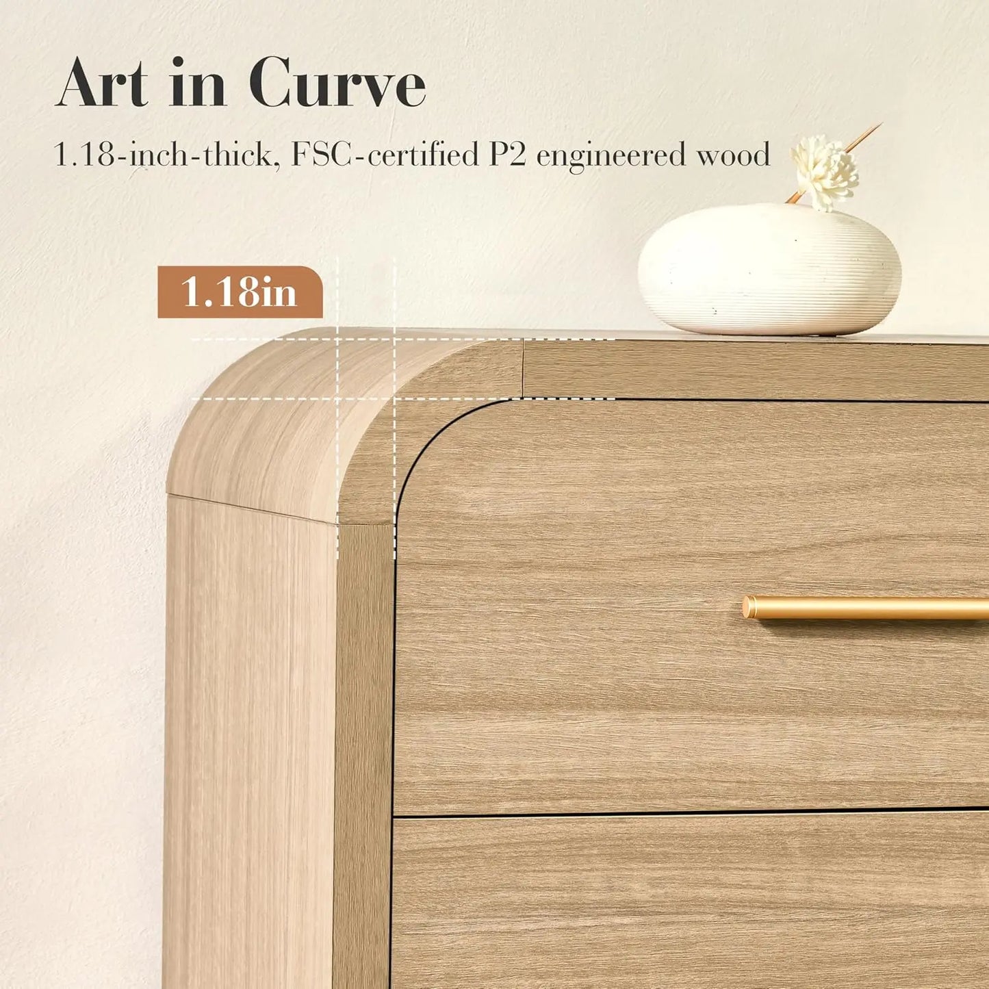 Curved 6-Drawer Dresser 54" Wide Modern Chest Vanity TV Stand Closet Nursery Hallway Oak, Customized