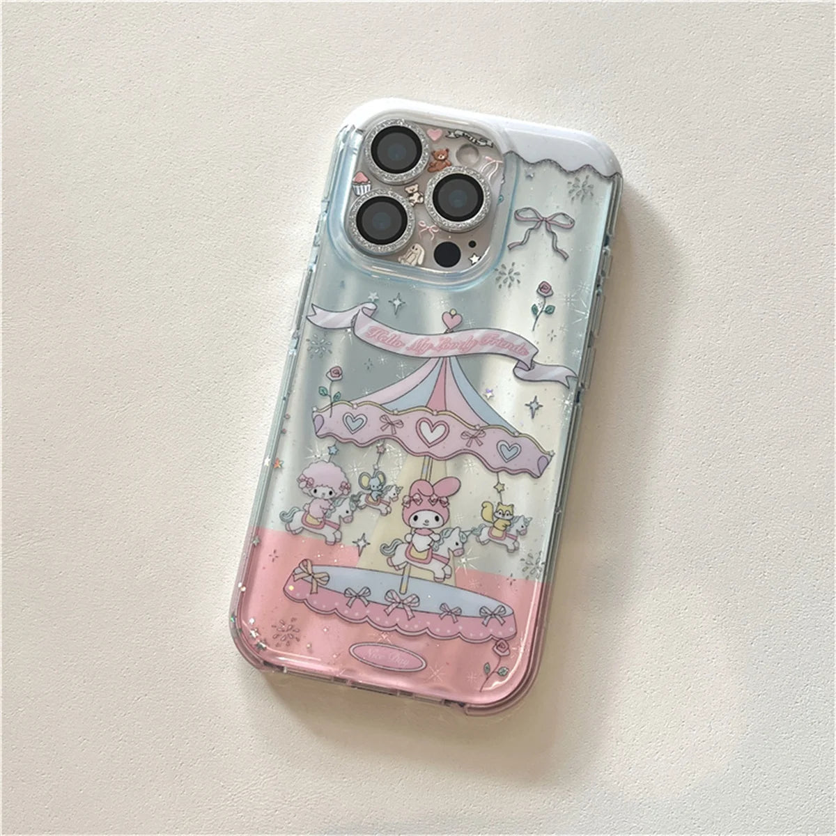 Funda de teléfono Kawaii carrusel Melody Bow para iPhone 16 Pro 15 14 Pro Max, funda con correa de cadena de mano, fundas bonitas a prueba de golpes