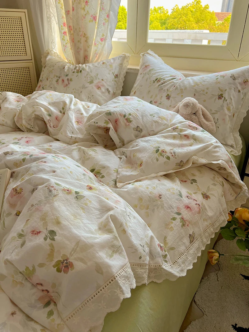 Juegos de funda nórdica de algodón lavado, juego de cama con estampado de flores individual/Queen/king, estilo princesa, funda de couette de 220x240 con encaje