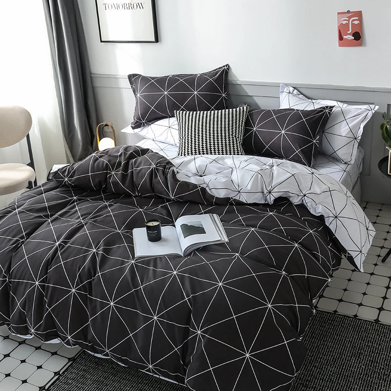 Funda de edredón Reversible, juego de cama de 3 piezas, funda de edredón geométrica en blanco y negro con 2 fundas de almohada, Queen y King