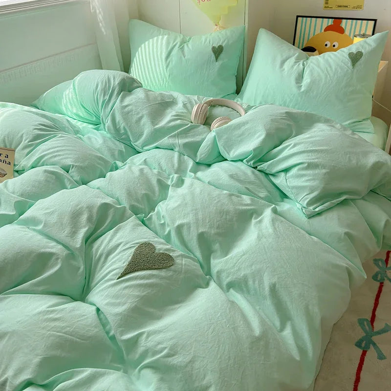 Juego de cama de algodón lavado, funda nórdica negra súper suave y fresca, toalla en forma de corazón, ropa de cama, fundas de edredón respetuosas con la piel, sábanas