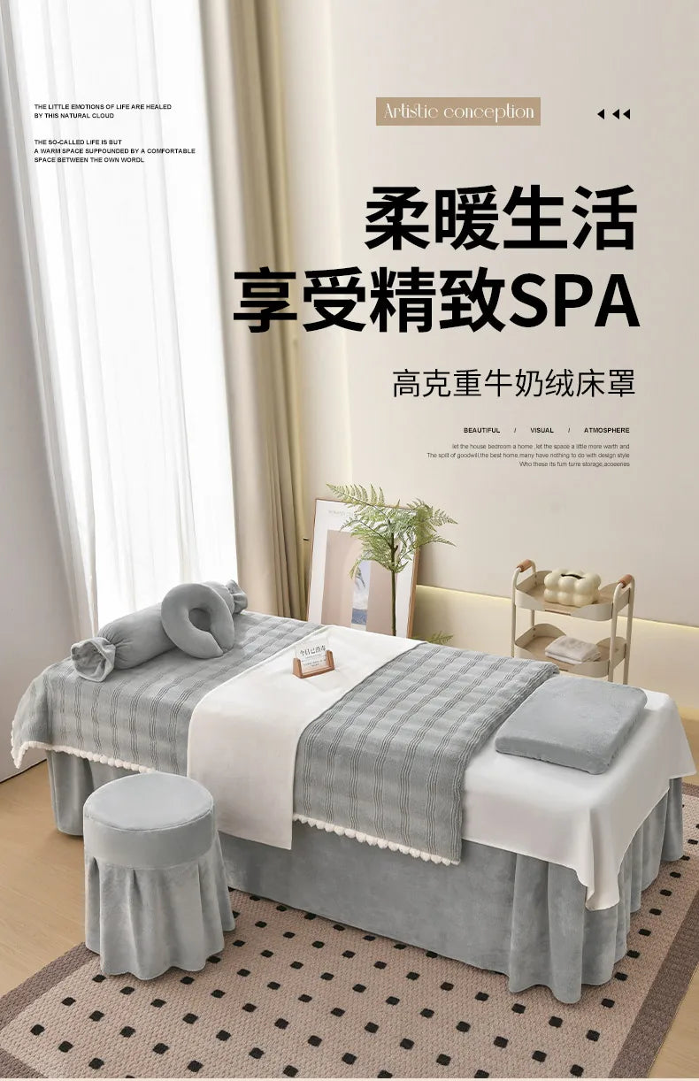 Juego de cama gruesa de terciopelo de leche para salón de belleza, falda de cama de Spa para masaje, funda de almohada, funda de taburete y funda nórdica, Sábana de salón para Club, 4 Uds.
