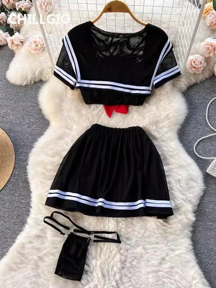 CHILLGIO-Conjunto de pijama con falda de malla transparente para mujer, ropa de dormir, lencería erótica de moda, estilo Preppy japonés