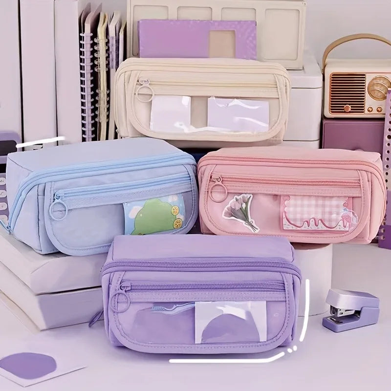 Estuche organizador para lápices de gran capacidad: almacenamiento de escritorio con múltiples compartimentos para material escolar y de oficina (rosa/púrpura/negro)