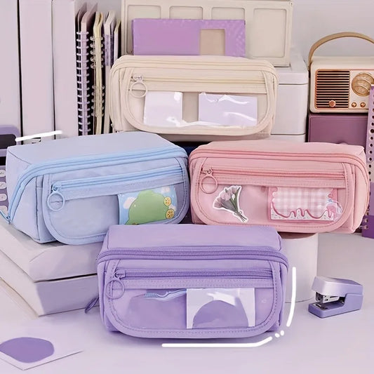 Estuche organizador para lápices de gran capacidad: almacenamiento de escritorio con múltiples compartimentos para material escolar y de oficina (rosa/púrpura/negro)