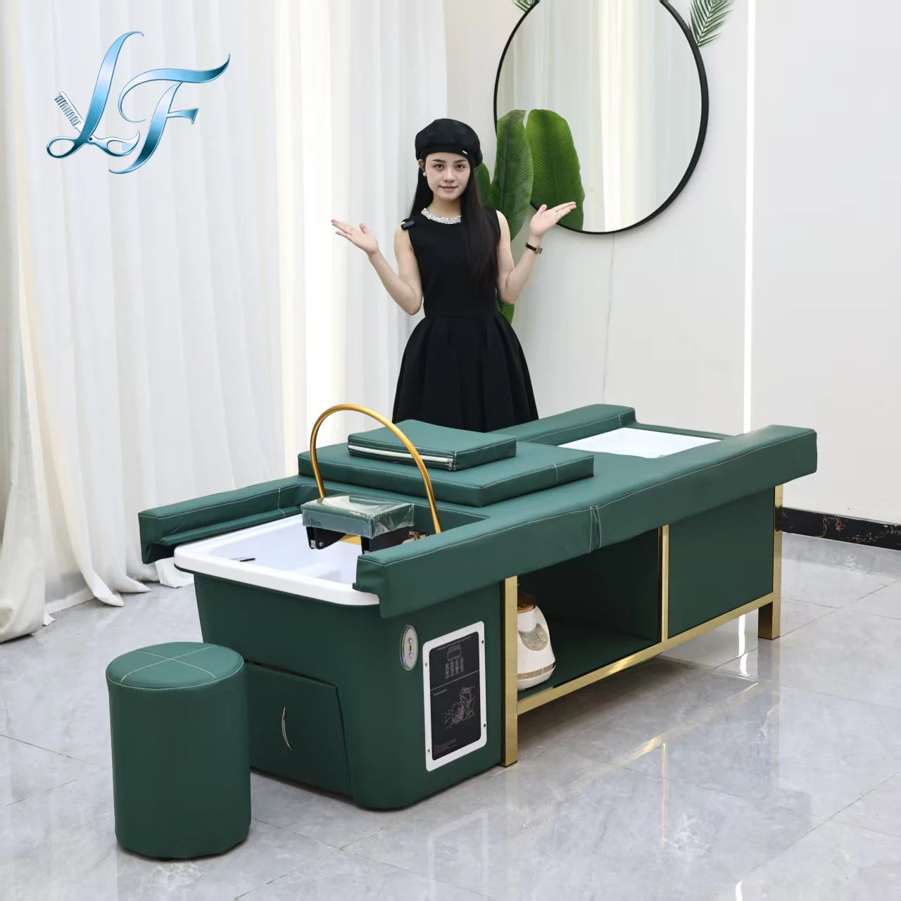 Mesa de Masaje Tailandesa de Diseño Moderno, Cama Eléctrica para Lavado de Cabello, Equipo de Spa Capilar, Cama Reclinable para Salón de Belleza con Lavabo de Cerámica y Reposapiés