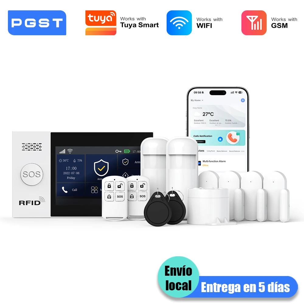 PGST kit alarma antirrobo inteligente WiFi 2G GSM Works with Tuya Smart Life sistema seguridad inalámbrico hogar negocio control app sensores puerta ventana instalación fácil sin cuotas mensuales